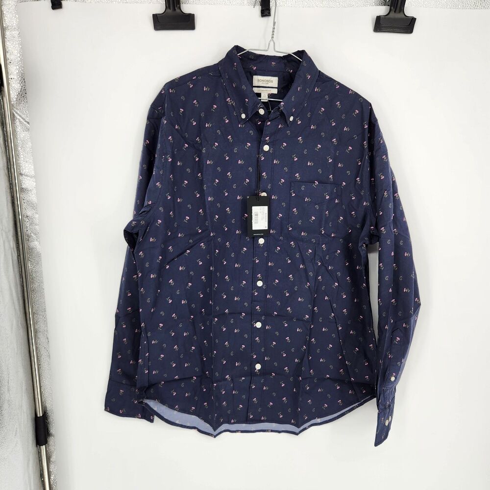 Bonobos Men's Large Navy Floral Stretch Everyday Regular Fit Shirt NWT‎